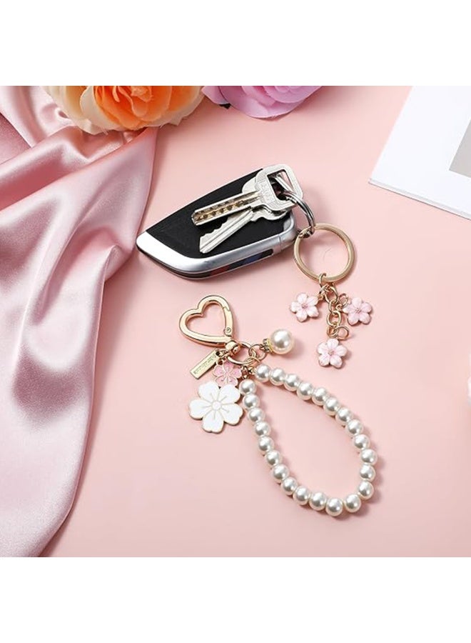 2pcs Cute Pearl Keychain for Women, Flower Keychain Kit Pearl Chain Key Chain, Golden Car Key Chain Pearl Wristlet Keyring Charm for Girls Purse Bag Accessories - Image 3