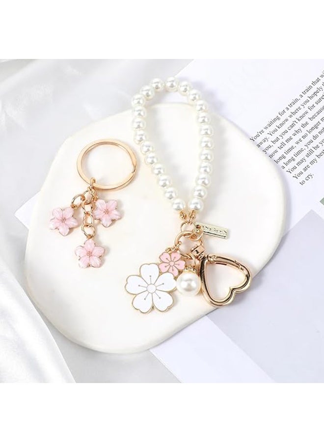2pcs Cute Pearl Keychain for Women, Flower Keychain Kit Pearl Chain Key Chain, Golden Car Key Chain Pearl Wristlet Keyring Charm for Girls Purse Bag Accessories - Image 5