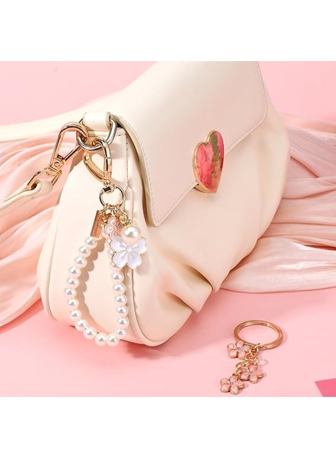 2pcs Cute Pearl Keychain for Women, Flower Keychain Kit Pearl Chain Key Chain, Golden Car Key Chain Pearl Wristlet Keyring Charm for Girls Purse Bag Accessories - Image 4