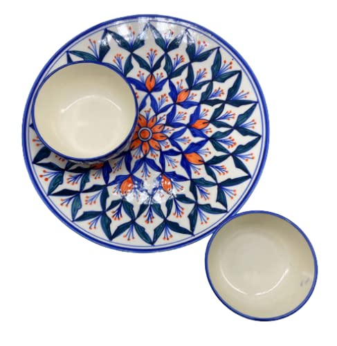 CasaTrunk Contemporary Print Platter Pack' Handpainted Serving Plate with Serving Bowl Dinnerware Set (1 Plate, 2 Bowls, Blue) (3 Pieces, Serving for 1, Dishwasher & Microwave Safe) - Image 4