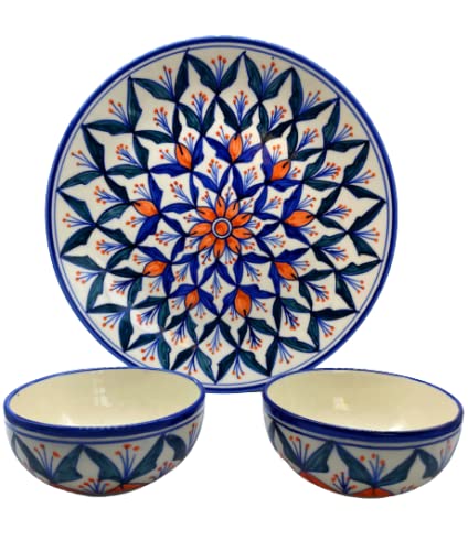 CasaTrunk Contemporary Print Platter Pack' Handpainted Serving Plate with Serving Bowl Dinnerware Set (1 Plate, 2 Bowls, Blue) (3 Pieces, Serving for 1, Dishwasher & Microwave Safe) - Image 2
