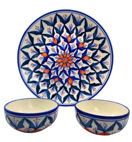 CasaTrunk Contemporary Print Platter Pack' Handpainted Serving Plate with Serving Bowl Dinnerware Set (1 Plate, 2 Bowls, Blue) (3 Pieces, Serving for 1, Dishwasher & Microwave Safe) - Image 1