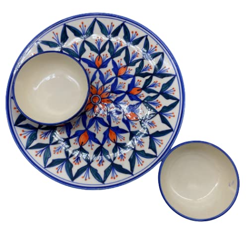 CasaTrunk Contemporary Print Platter Pack' Handpainted Serving Plate with Serving Bowl Dinnerware Set (1 Plate, 2 Bowls, Blue) (3 Pieces, Serving for 1, Dishwasher & Microwave Safe) - Image 3