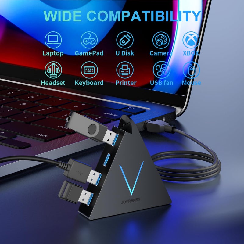 JoyReken 4-Port USB 3.0 Hub, FlyingVHUB USB Hub Tower with 2 ft Extended Cable,USB Splitter for Laptop,PC,PS4,PS5,Xbox,Mouse,Keyboard, Flash Drive, U-Disk (Black) - Image 4