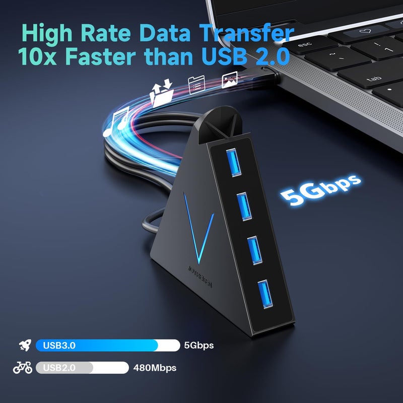 JoyReken 4-Port USB 3.0 Hub, FlyingVHUB USB Hub Tower with 2 ft Extended Cable,USB Splitter for Laptop,PC,PS4,PS5,Xbox,Mouse,Keyboard, Flash Drive, U-Disk (Black) - Image 2