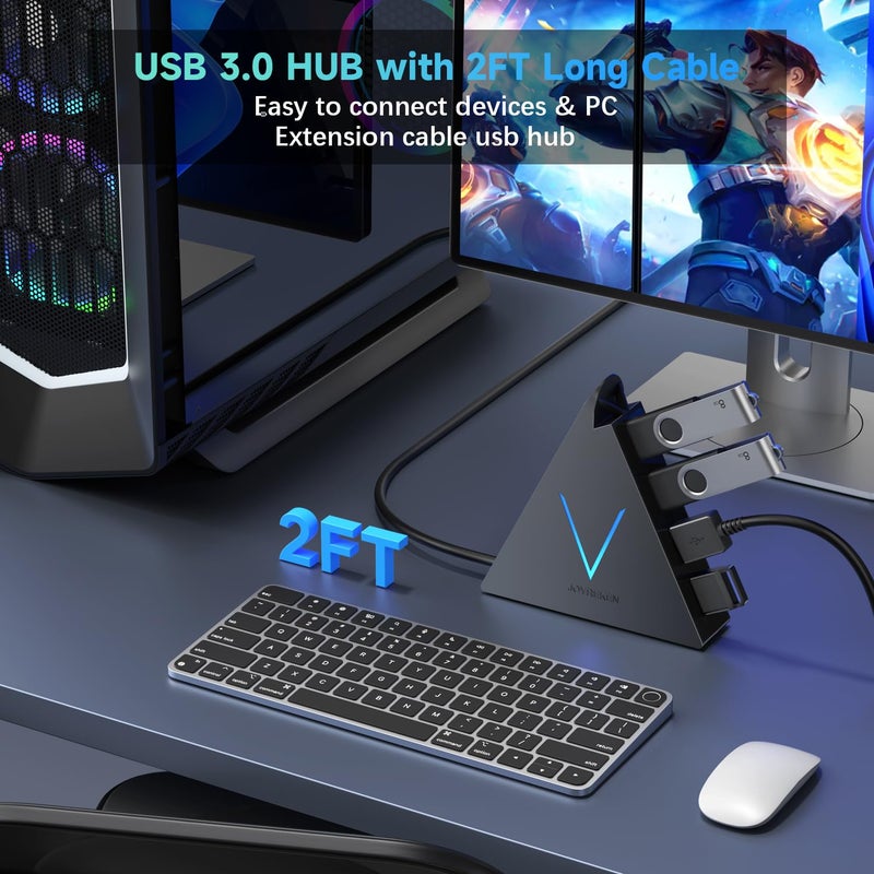 JoyReken 4-Port USB 3.0 Hub, FlyingVHUB USB Hub Tower with 2 ft Extended Cable,USB Splitter for Laptop,PC,PS4,PS5,Xbox,Mouse,Keyboard, Flash Drive, U-Disk (Black) - Image 5