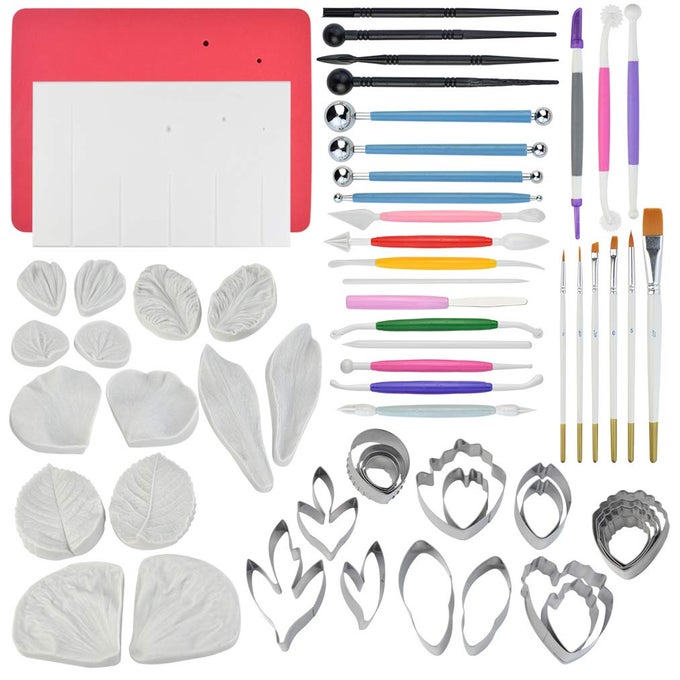 62PCS GUMPASTE FLOWERS AND LEAVES FONDANT TOOL LEAF TOOL KIT GUM PASTE FLOWER CUTTER SET STAINLESS STEEL FLOWER CUTTER SILICONE MOLDS FOAM PAD VEINING BOARD BALL TOOLS MODELLING TOOLS BRUSHES