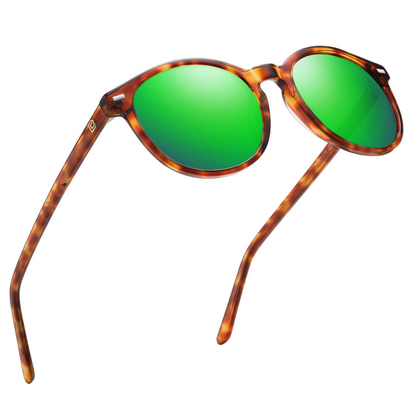 DUCO Retro Round UV400 Polarized Sunglasses for Women Men Vintage Shades Classic Acetate Trendy Fashion Sunglass DC1230 (Brown Tortoise Frame Revo Green Lens) - Image 1