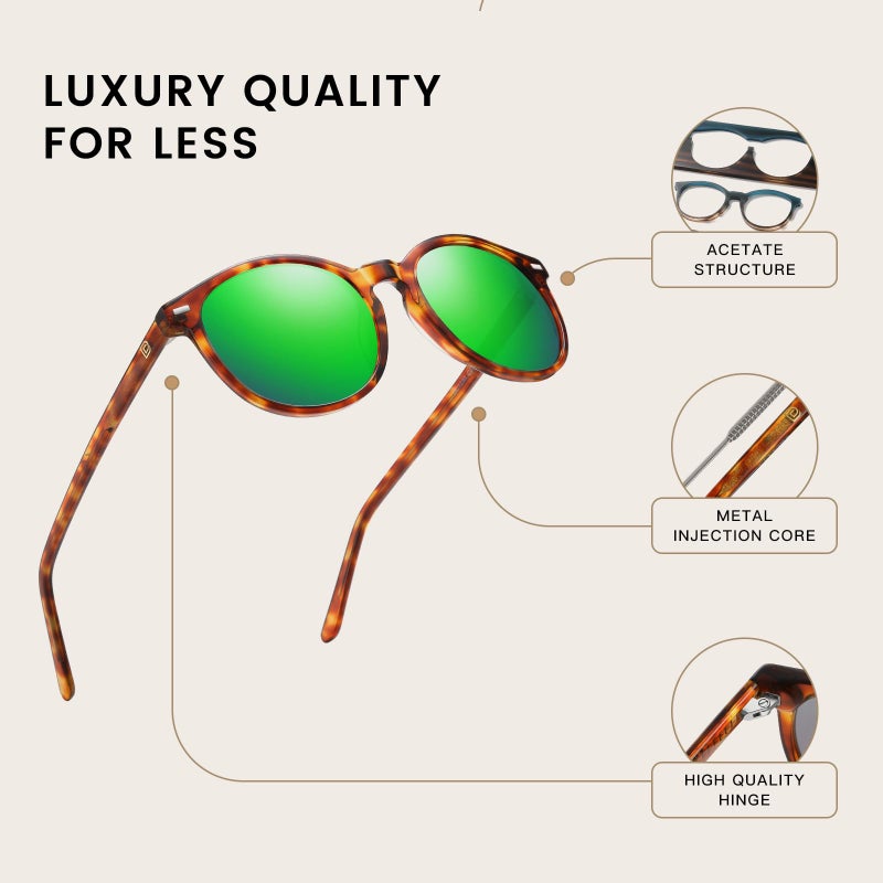 DUCO Retro Round UV400 Polarized Sunglasses for Women Men Vintage Shades Classic Acetate Trendy Fashion Sunglass DC1230 (Brown Tortoise Frame Revo Green Lens) - Image 5