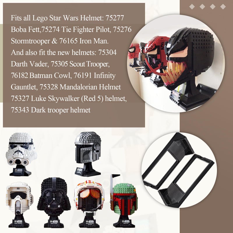 WFCYX 4 Pcs Black Wall Mount Display Stand Fits Lego Star Wars Helmet  Wall Mount Display Shelf  Compatible With All Standard Lego Helmets  Boba Fett 75277/Tie Fighter Pilot 75274/Stormtrooper 75276 - Image 3