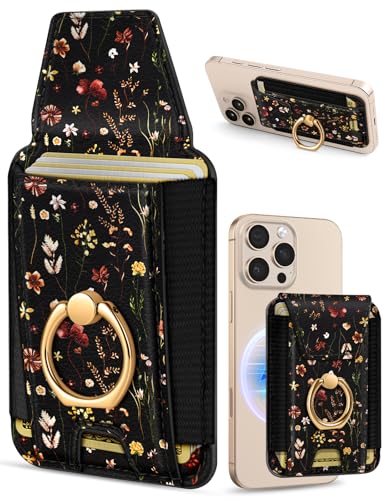 Shorogyt Compatible with Magsafe Wallet with Grip Magnetic Card Holder - Cute Phone Wallets with Ring Stand for iPhone 17/16/15/14/13/12 Series for Women Girls Retro Flower Design, Fit 7 Cards - Image 1
