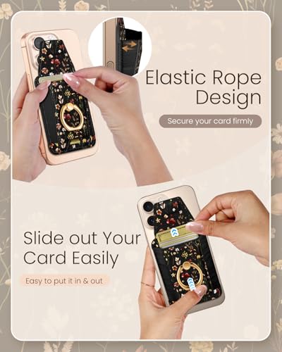 Shorogyt Compatible with Magsafe Wallet with Grip Magnetic Card Holder - Cute Phone Wallets with Ring Stand for iPhone 17/16/15/14/13/12 Series for Women Girls Retro Flower Design, Fit 7 Cards - Image 4