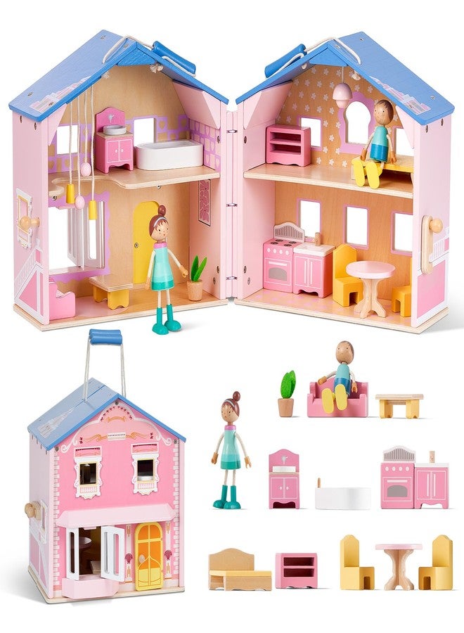 Giant bean Exquisite Pink Wooden Dollhouse for Girls with 2 Dolls and 12pcs Wooden Furniture,Foldable and Portable Pretend Play House Set with Handle, Christmas Birthday Gift for Girls Kids Age 3+ - Image 2