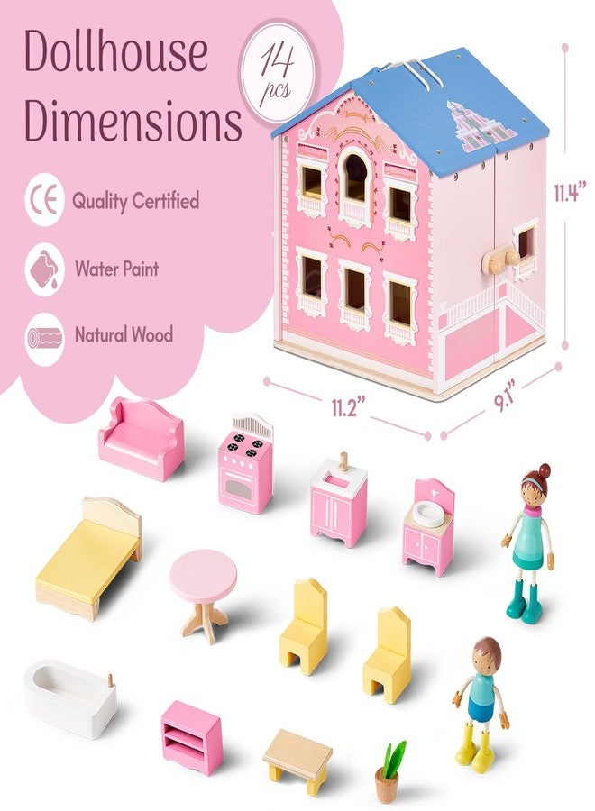 Giant bean Exquisite Pink Wooden Dollhouse for Girls with 2 Dolls and 12pcs Wooden Furniture,Foldable and Portable Pretend Play House Set with Handle, Christmas Birthday Gift for Girls Kids Age 3+ - Image 4