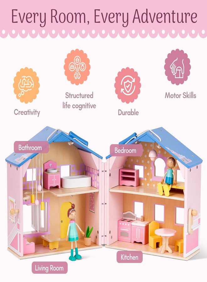 Giant bean Exquisite Pink Wooden Dollhouse for Girls with 2 Dolls and 12pcs Wooden Furniture,Foldable and Portable Pretend Play House Set with Handle, Christmas Birthday Gift for Girls Kids Age 3+ - Image 5