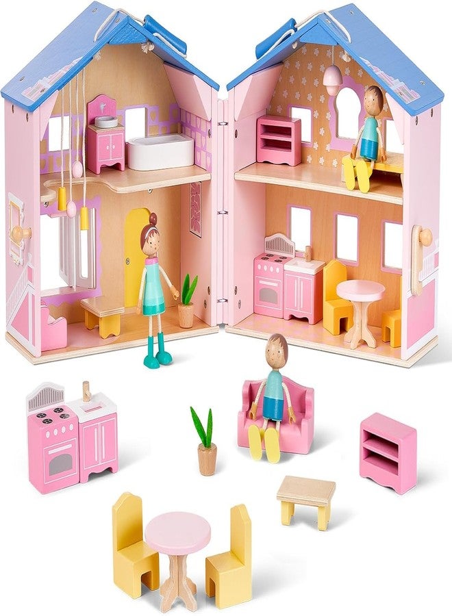 Giant bean Exquisite Pink Wooden Dollhouse for Girls with 2 Dolls and 12pcs Wooden Furniture,Foldable and Portable Pretend Play House Set with Handle, Christmas Birthday Gift for Girls Kids Age 3+ - Image 1