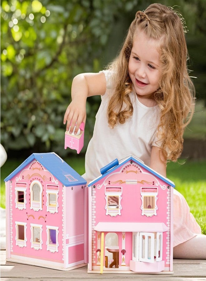 Giant bean Exquisite Pink Wooden Dollhouse for Girls with 2 Dolls and 12pcs Wooden Furniture,Foldable and Portable Pretend Play House Set with Handle, Christmas Birthday Gift for Girls Kids Age 3+ - Image 3