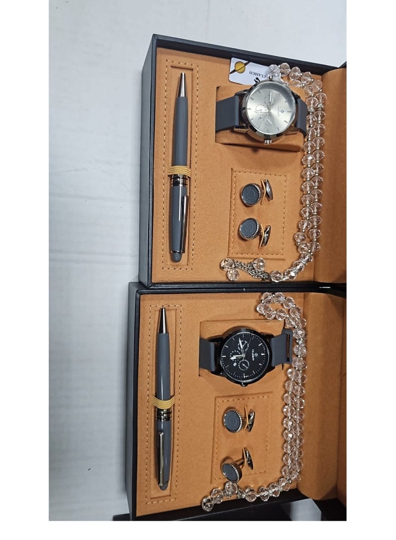 Men's watch set of 4 pieces, consisting of a wristwatch with a pen, a set of ons and a rosary, various shapes - Image 1