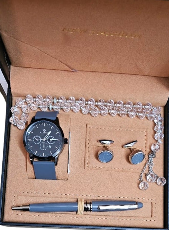 Men's watch set of 4 pieces, consisting of a wristwatch with a pen, a set of ons and a rosary, various shapes - Image 3