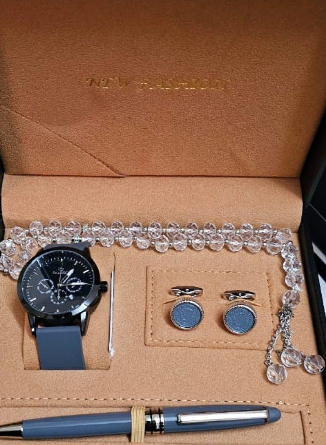 Men's watch set of 4 pieces, consisting of a wristwatch with a pen, a set of ons and a rosary, various shapes - Image 2