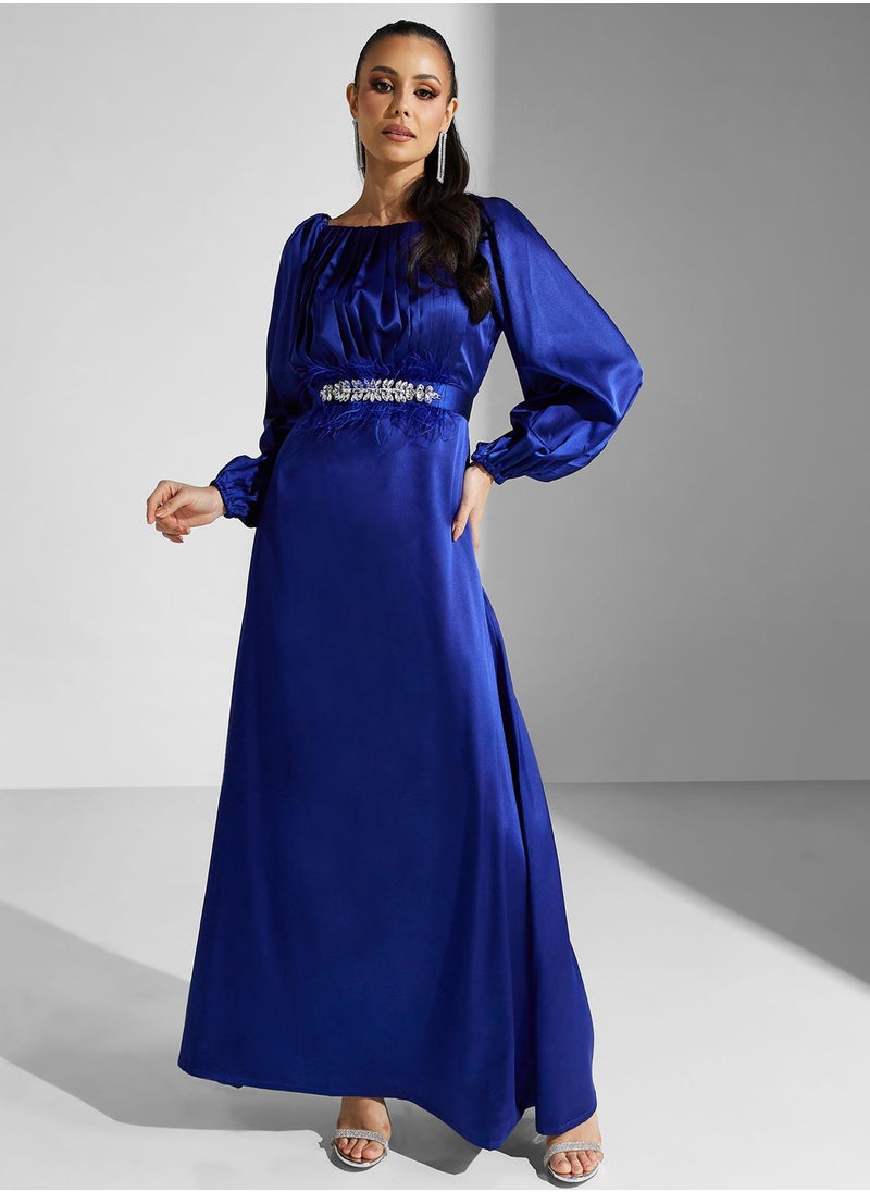 Golden Apple - Embellished Belt Puff Sleeve Dress - Image 1