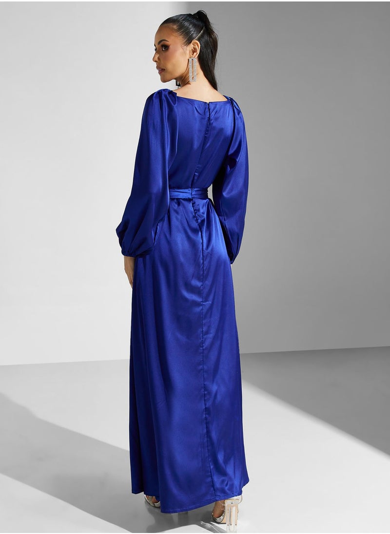 Golden Apple - Embellished Belt Puff Sleeve Dress - Image 1