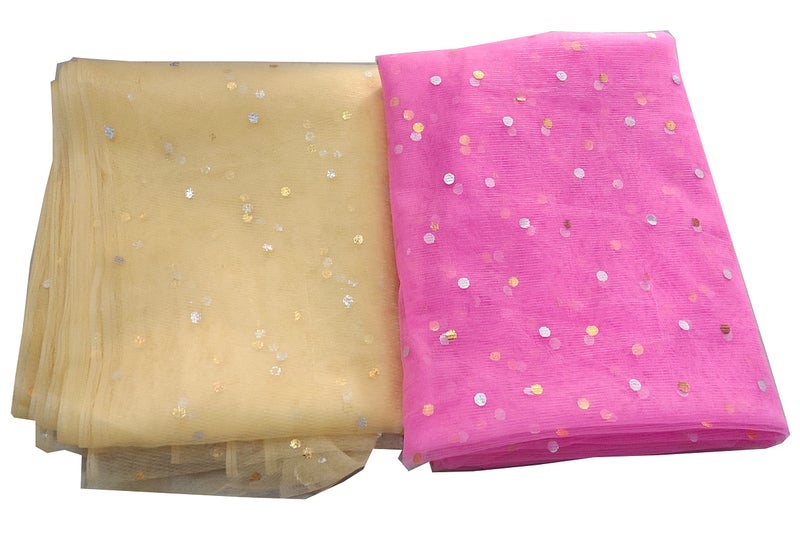 3A Featuretail Dual Color Combo of 42inch Width Dotted Mesh Net Fabric for Decoration, Fruit/Dryfruit/Gift Packing & Trousseau Tray Packing (5 Meter Each Color, Golden & Baby Pink) - Image 1