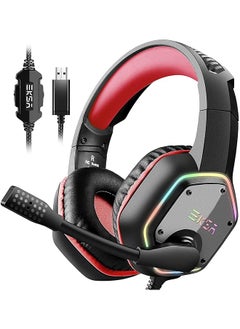 EKSA Gaming Headset Pc Headset With 7.1 Surround Sound Usb Noise Cancelling Headphones With Microphone And Rgb Led Light Wired Over Ear Gaming Headphones Compatible With Ps5 Ps4 Mac Laptop Red 