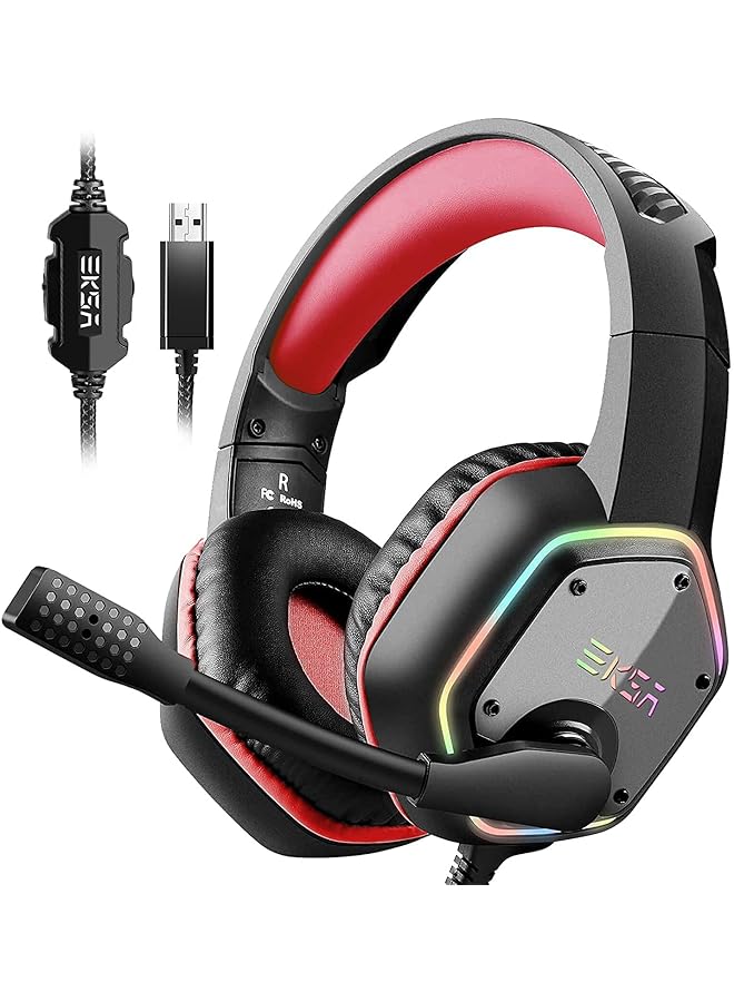 Gaming Headset Pc Headset With 7.1 Surround Sound Usb Noise Cancelling Headphones With Microphone And Rgb Led Light Wired Over Ear Gaming Headphones Compatible With Ps5 Ps4 Mac Laptop Red