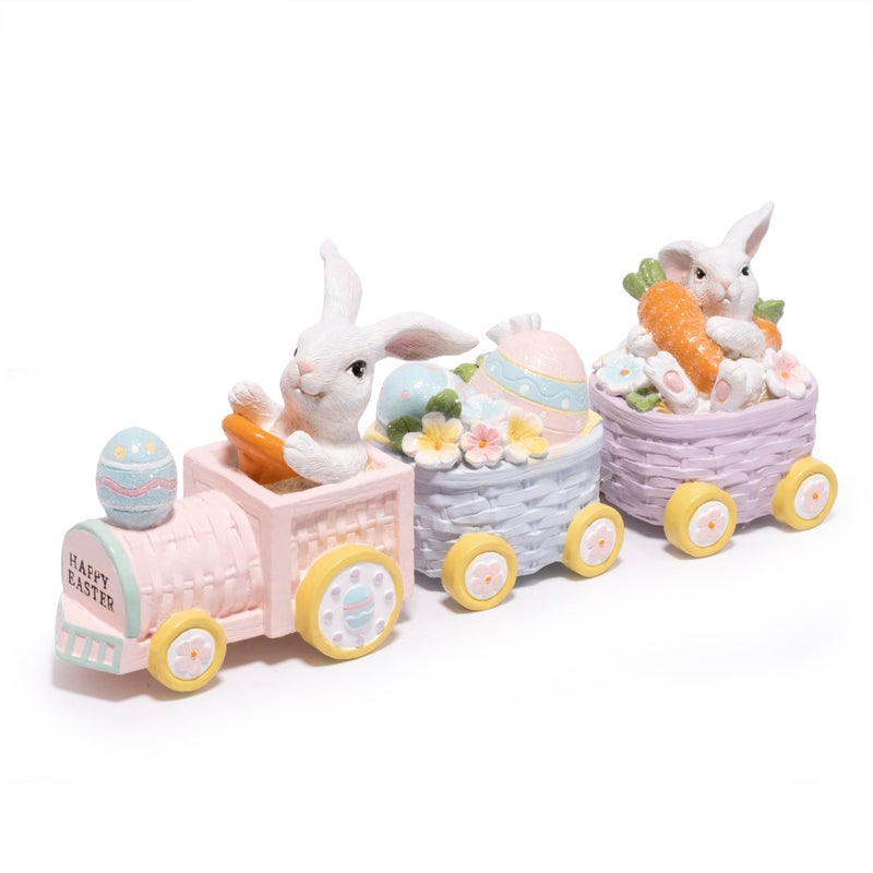 Hodao Easter Bunny Train Figurines, 3-Piece Resin Rabbit Tabletop Decor with Carrots & Eggs, Pastel Spring Holiday Decoration for Home, Shelf, Mantel, Tiered Tray, Gift for Easter - Image 1