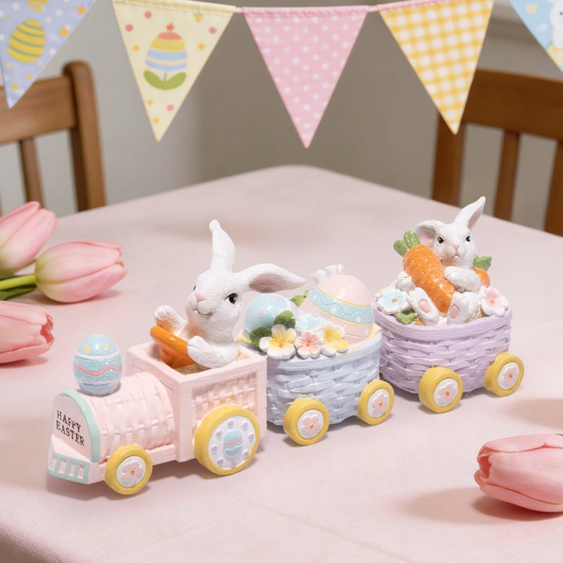 Hodao Easter Bunny Train Figurines, 3-Piece Resin Rabbit Tabletop Decor with Carrots & Eggs, Pastel Spring Holiday Decoration for Home, Shelf, Mantel, Tiered Tray, Gift for Easter - Image 2