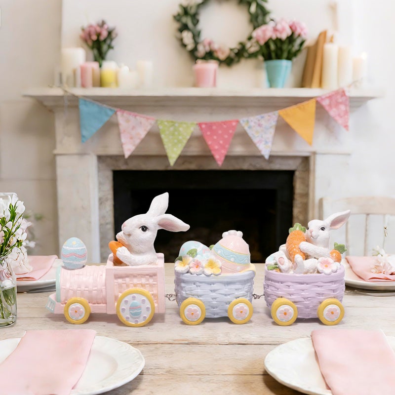 Hodao Easter Bunny Train Figurines, 3-Piece Resin Rabbit Tabletop Decor with Carrots & Eggs, Pastel Spring Holiday Decoration for Home, Shelf, Mantel, Tiered Tray, Gift for Easter - Image 5