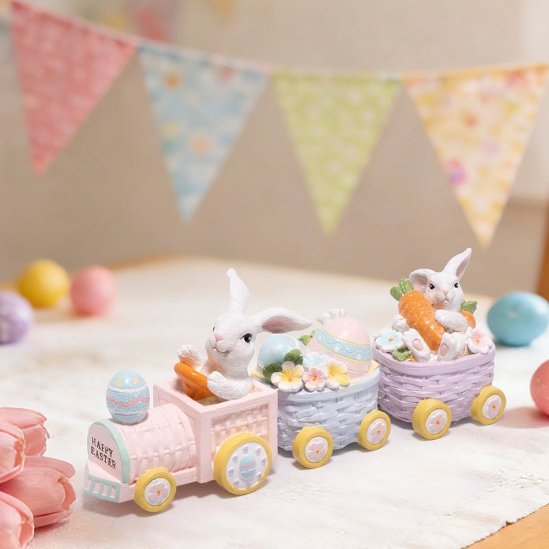 Hodao Easter Bunny Train Figurines, 3-Piece Resin Rabbit Tabletop Decor with Carrots & Eggs, Pastel Spring Holiday Decoration for Home, Shelf, Mantel, Tiered Tray, Gift for Easter - Image 4