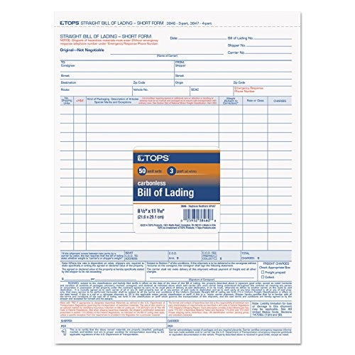 TOPS Bill of Lading, Three-Part Carbonless, 8.5 x 11, 50 Forms Total - Image 3