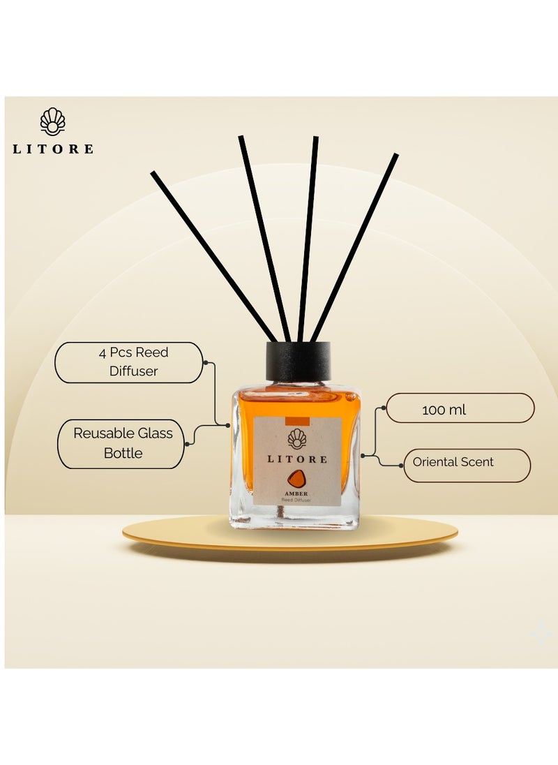 Litore Litore Reed Diffuser - Amber Fragrance, 100ml | Long-Lasting Home Fragrance | Natural & Elegant Room Diffuser  - Image 3