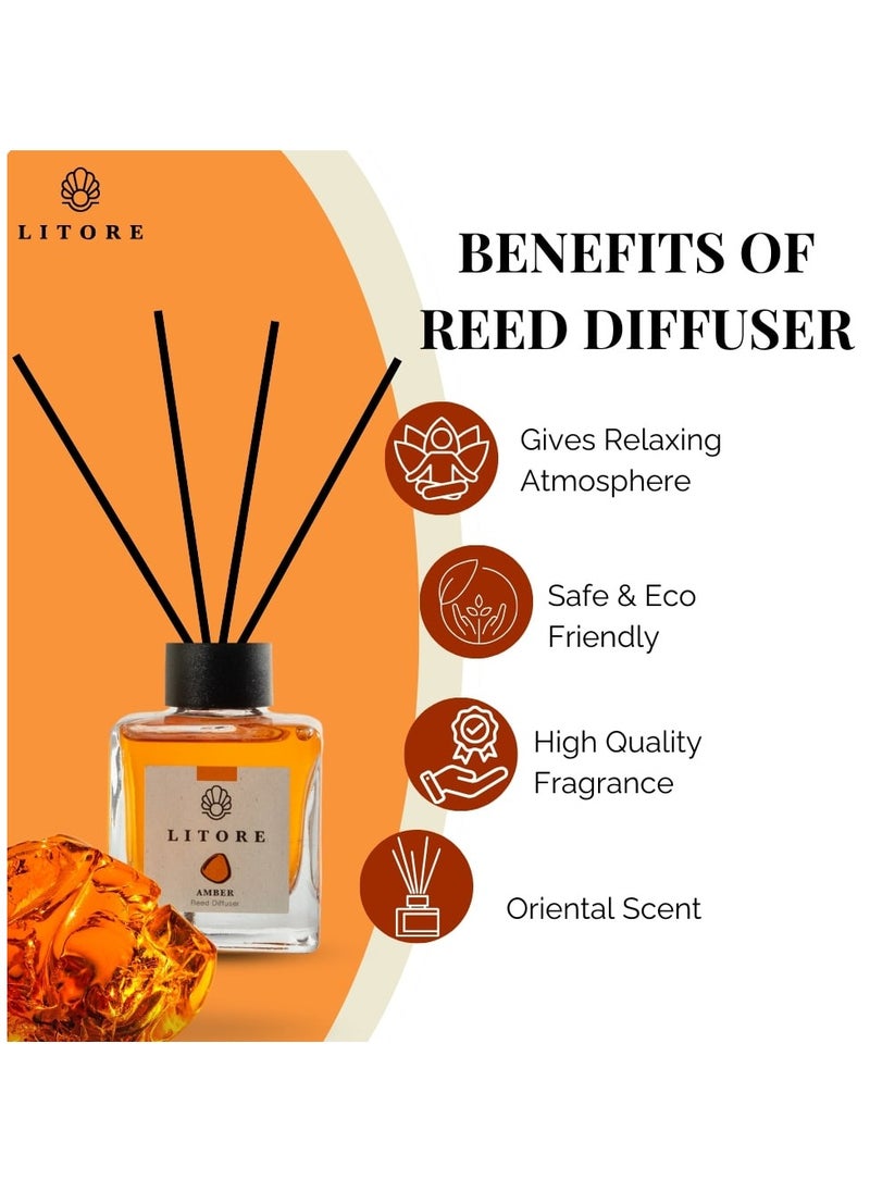 Litore Litore Reed Diffuser - Amber Fragrance, 100ml | Long-Lasting Home Fragrance | Natural & Elegant Room Diffuser  - Image 5