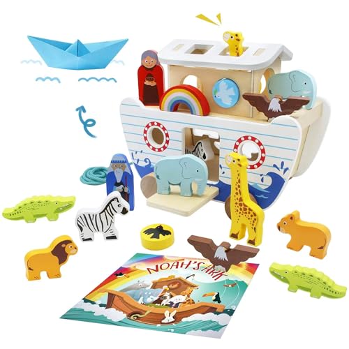 bpmfkid Noahs Ark Wooden Toy Set Educational Wooden Animal Toys for Toddlers Montessori Shape Sorter Educational Toys Bible Story Engagement Perfect Baptism Christening Gift for 24 Y - Image 1