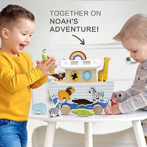 bpmfkid Noahs Ark Wooden Toy Set Educational Wooden Animal Toys for Toddlers Montessori Shape Sorter Educational Toys Bible Story Engagement Perfect Baptism Christening Gift for 24 Y - Image 5
