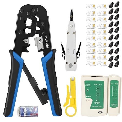 COOLCOLD Crimping Tool RJ45, Tools kit, Ethernet Crimp Set, RJ-11, 6P/RJ-12, 8P/RJ-45 Crimp, Cut and Strip with 50PCS rj45 Connectors, 50pc Boots,1 Lan Tester, 1 Wire Stripper and 1 Krone Tool - Image 1