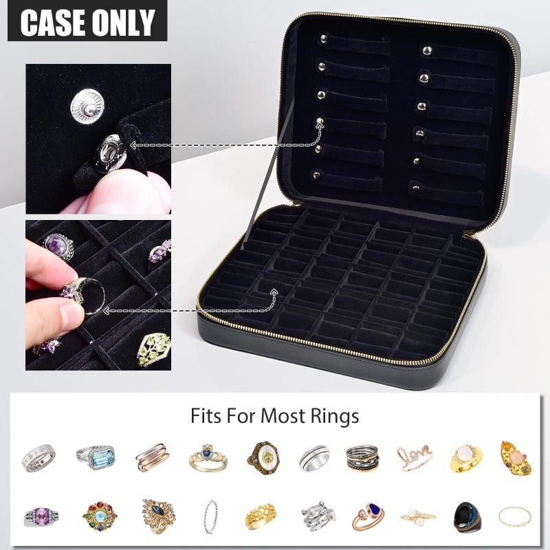 Grapsa Luxury Velvet Ring Storage Organizer Case, Leather Ring Holder for Women/ Girls/ Mothers/ Wife, Portable Jewelry Display Box with Large Capacity for 90+ Rings, Earrings, Necklaces - Black(Case Only) - Image 2
