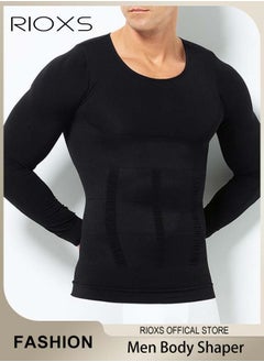 RIOXS Men Compression Shirt For Body Slimming,Body Shaper Sports Shapewear Top For Men,Long Sleeve Round Neck Slim Fit T-Shirt,Body Shaper Undershirt,Tummy Control Shapewear For Workout Fitness  - Image 1