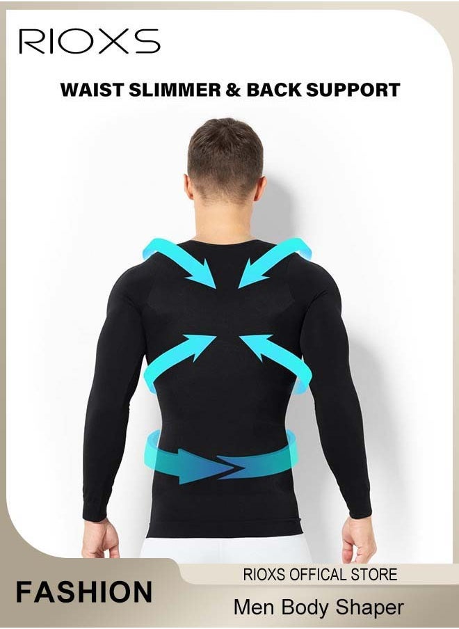 RIOXS Men Compression Shirt For Body Slimming,Body Shaper Sports Shapewear Top For Men,Long Sleeve Round Neck Slim Fit T-Shirt,Body Shaper Undershirt,Tummy Control Shapewear For Workout Fitness  - Image 4