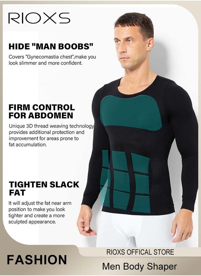 RIOXS Men Compression Shirt For Body Slimming,Body Shaper Sports Shapewear Top For Men,Long Sleeve Round Neck Slim Fit T-Shirt,Body Shaper Undershirt,Tummy Control Shapewear For Workout Fitness  - Image 3