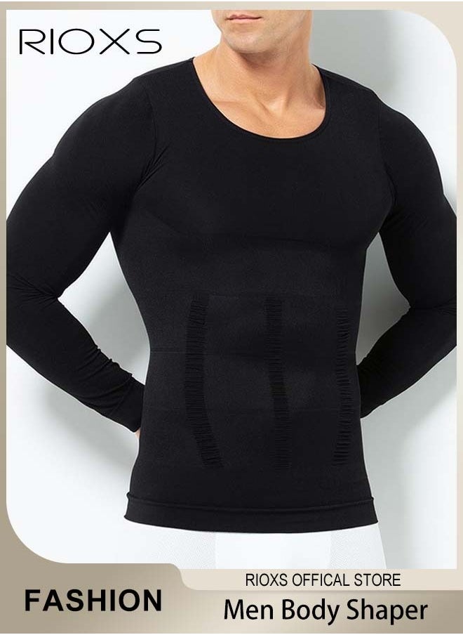 RIOXS Men Compression Shirt For Body Slimming,Body Shaper Sports Shapewear Top For Men,Long Sleeve Round Neck Slim Fit T-Shirt,Body Shaper Undershirt,Tummy Control Shapewear For Workout Fitness  - Image 1