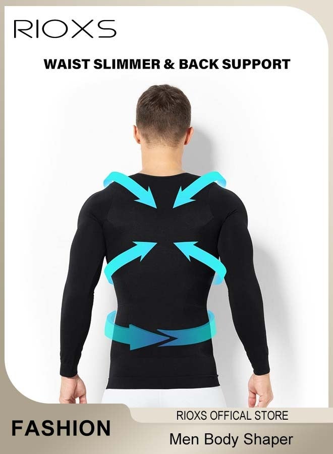 RIOXS Men Compression Shirt For Body Slimming,Body Shaper Sports Shapewear Top For Men,Long Sleeve Round Neck Slim Fit T-Shirt,Body Shaper Undershirt,Tummy Control Shapewear For Workout Fitness  - Image 3