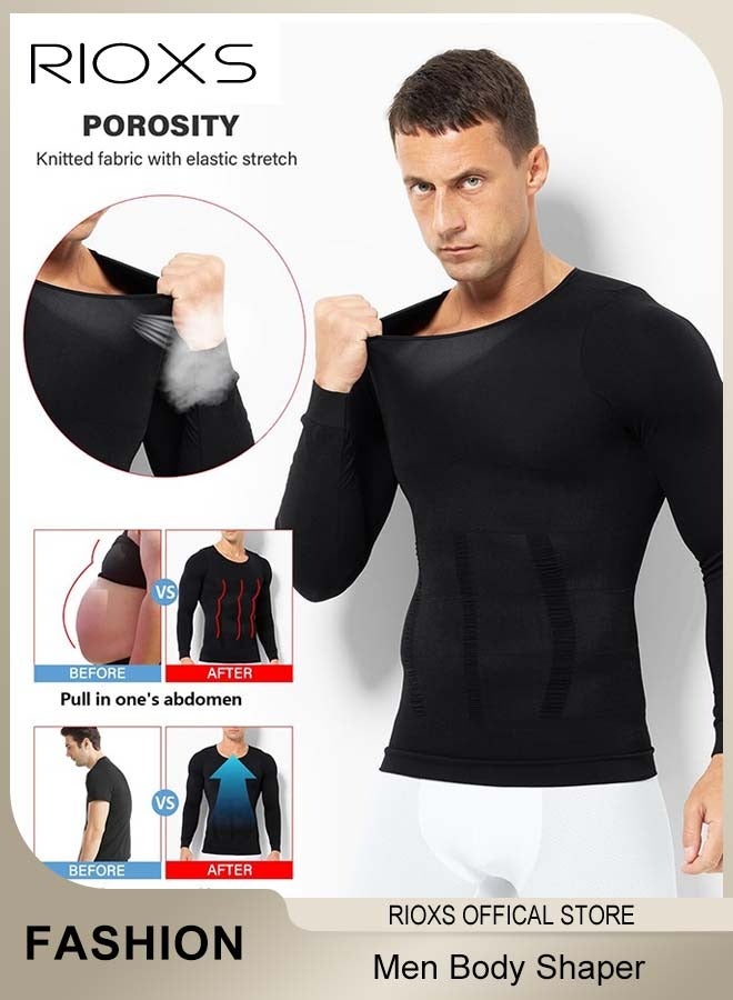 RIOXS Men Compression Shirt For Body Slimming,Body Shaper Sports Shapewear Top For Men,Long Sleeve Round Neck Slim Fit T-Shirt,Body Shaper Undershirt,Tummy Control Shapewear For Workout Fitness  - Image 5