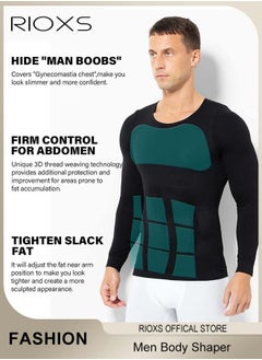 RIOXS Men Compression Shirt For Body Slimming,Body Shaper Sports Shapewear Top For Men,Long Sleeve Round Neck Slim Fit T-Shirt,Body Shaper Undershirt,Tummy Control Shapewear For Workout Fitness  - Image 3