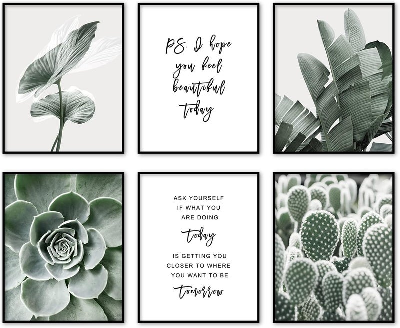 BPA Sage Green Room Decor Wall Art Prints Bathroom Decor Wall Art Motivational Wall Art Bedroom Boho Wall Decor Plant Leaves Set of 6 (8x10in Unframed, Sage Green) - Image 1
