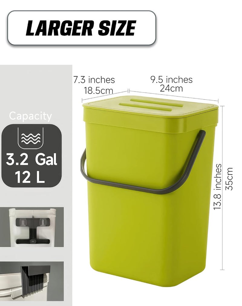 MONGTINGLU 3.2 Gallons Hanging Trash Can with Lid - Kitchen Garbage Can, Under Sink Trash Can, Garbage Can for Bathroom, Waste Bucket Outdoor Indoor, 12L(Lime Green) - Image 2