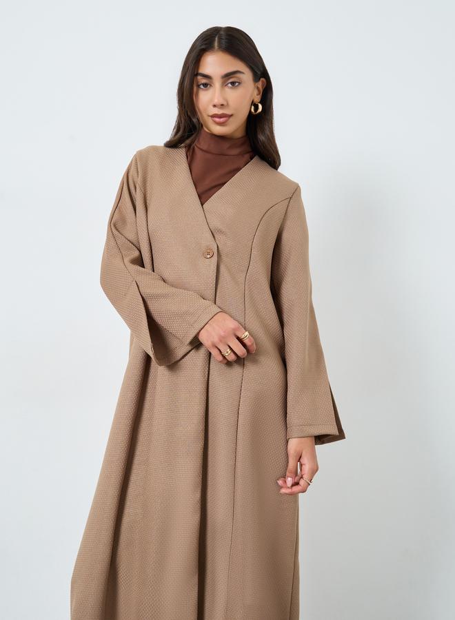 Amirah Brown Tweed Look Abaya with Single Button - Image 3